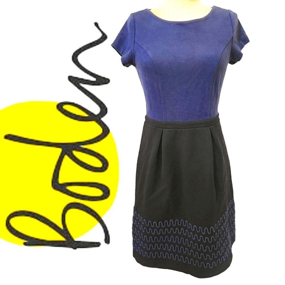 Boden Black and Blue Sheath Dress Embroidered Skirt Details Women’s Size 10P
